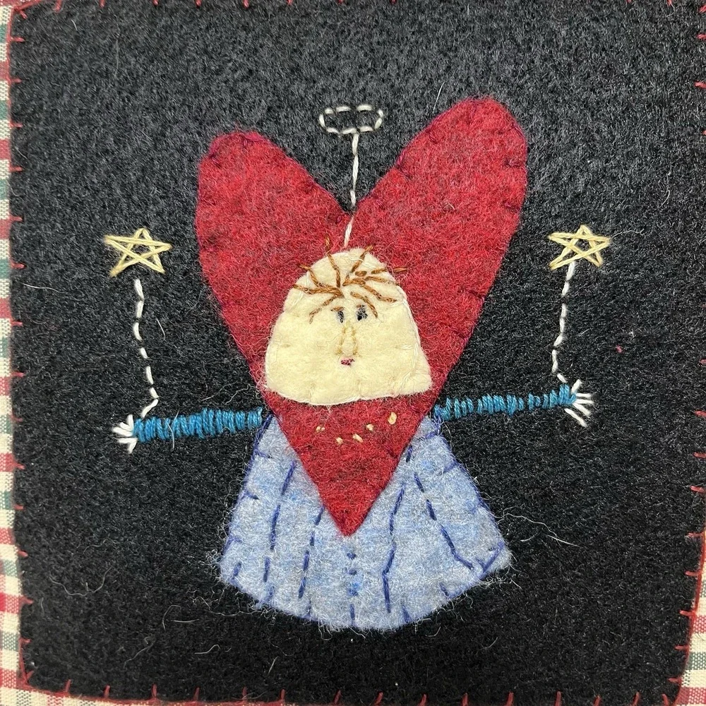 Vintage Handmade Christmas Holiday Pillow Felted Angel Fairy Godmother Plaid